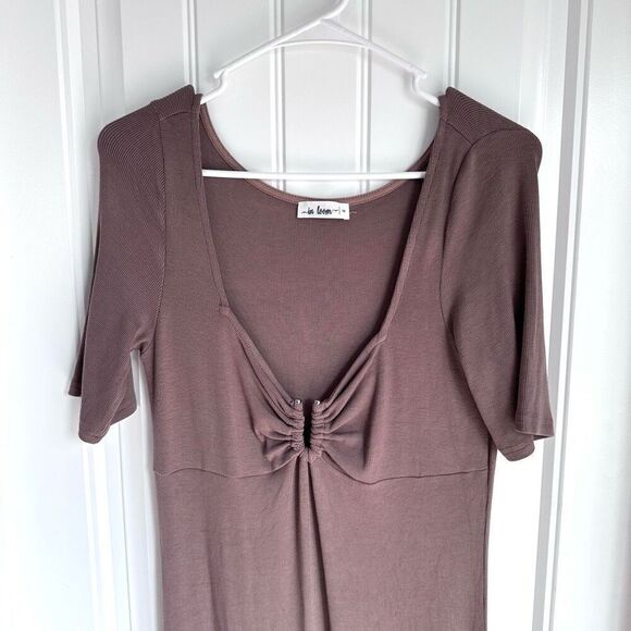 In Loom Dress Womens M Tan Brown Midi Ribbed Stretch Sexy Minimalist Modern - Picture 5 of 7